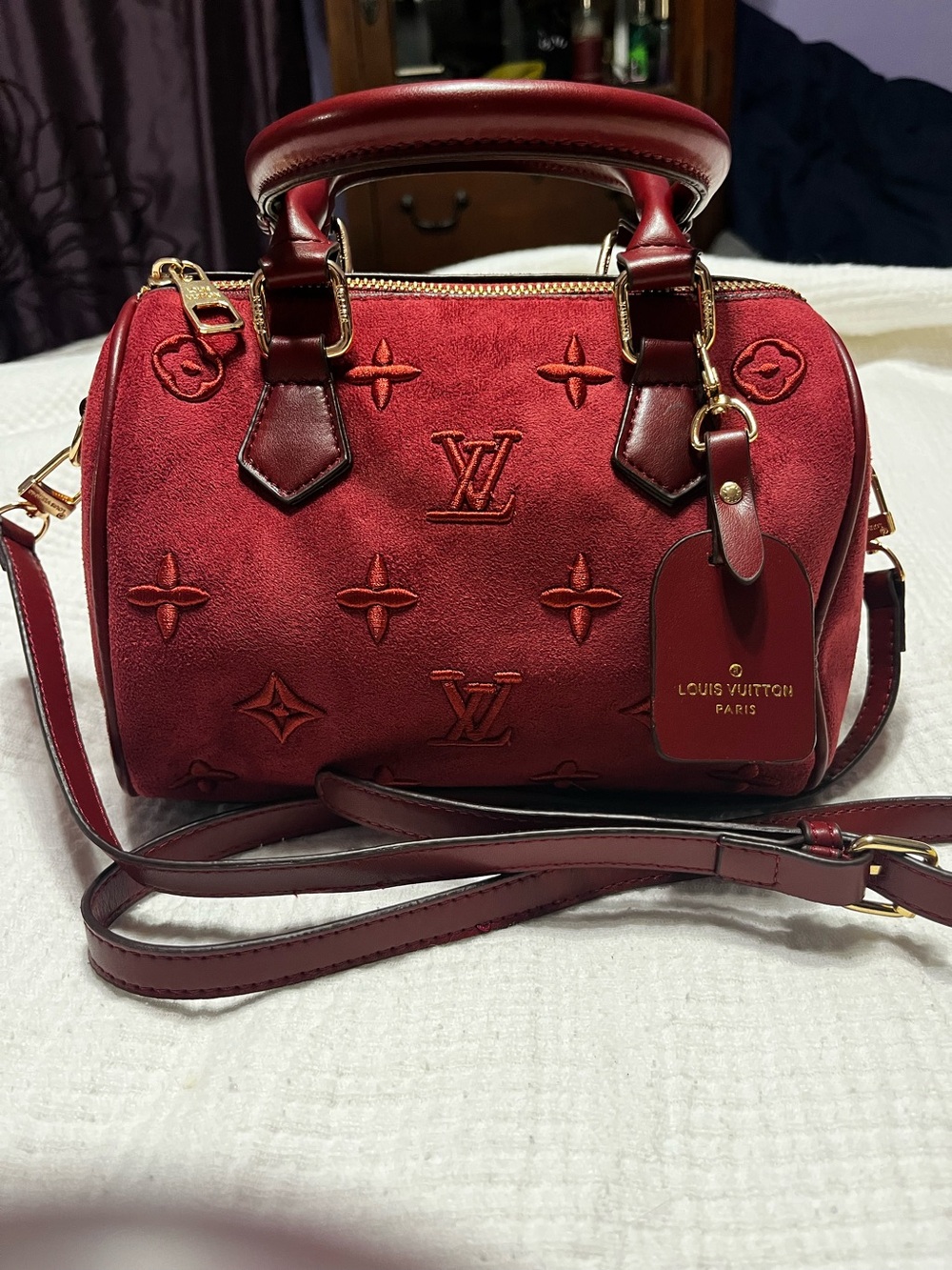 Louis. Vuitton. Rich Burgundy Embroidered Monogram Speedy 20 Bag Purse